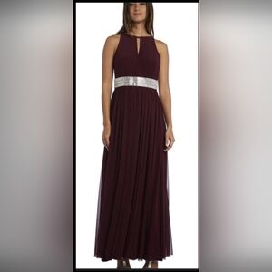 R & M Richards Burgundy and Silver Maxi Dress